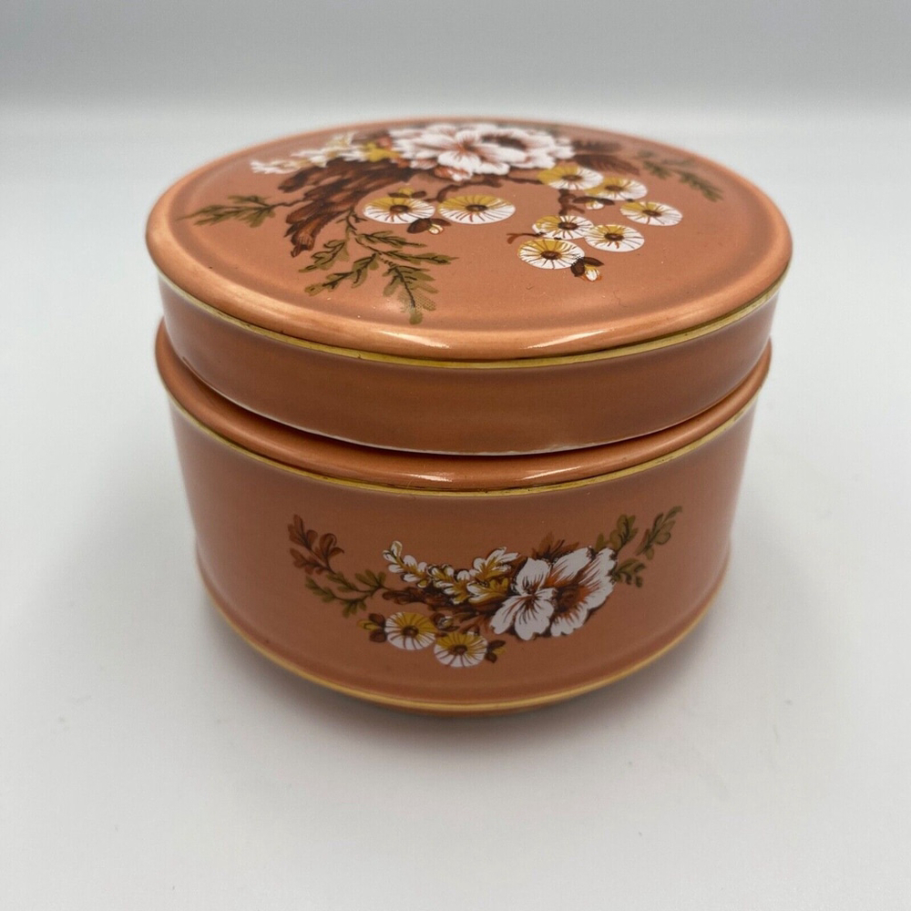 Vtg Sadler England Peach Floral Handpainted Ginger Jar Round Jewelry Box +Lid